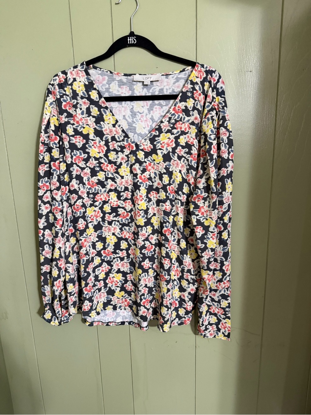 LOFT Black Floral V-Neck Long Sleeve Tee with Pink and Yellow Blooms